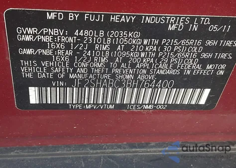 2011 Subaru Forester 2.5X from USA, damaged, VIN JF2SHABC3BH764400